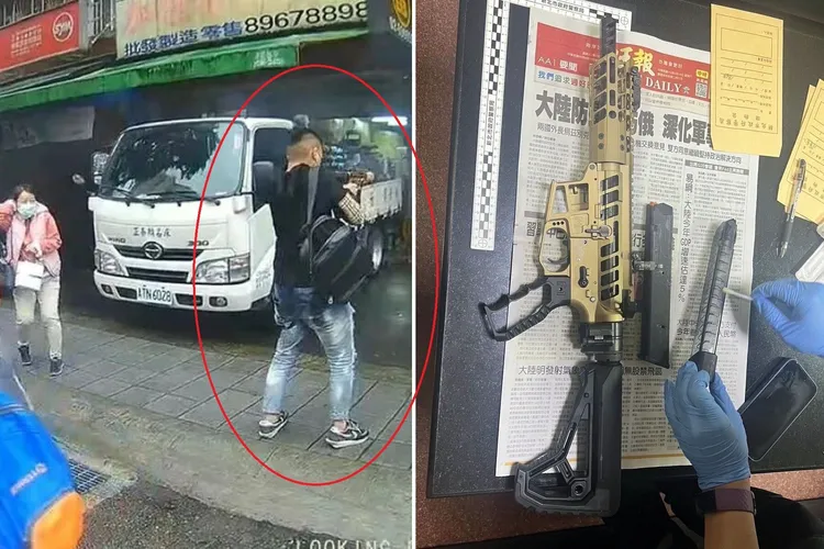 17歲少年帶著這把改造衝鋒槍掃射當鋪，隨身攜帶的2個彈匣都打光。讀者提供，一旁婦人驚恐摀耳走避。翻攝畫面、讀者提供
