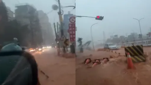 台中「路面變紅河」洶湧影片曝光　民眾急喊：不要硬衝啊