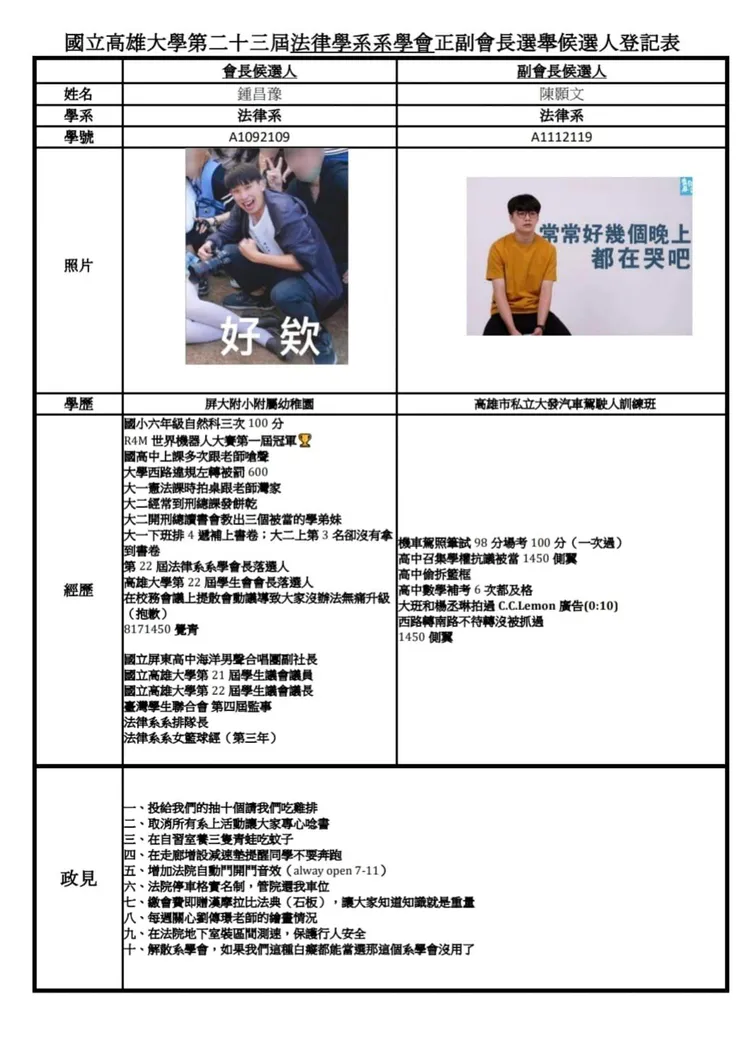 鍾昌豫、陳顥文政見與經歷。翻攝高雄大學法律系學會臉書