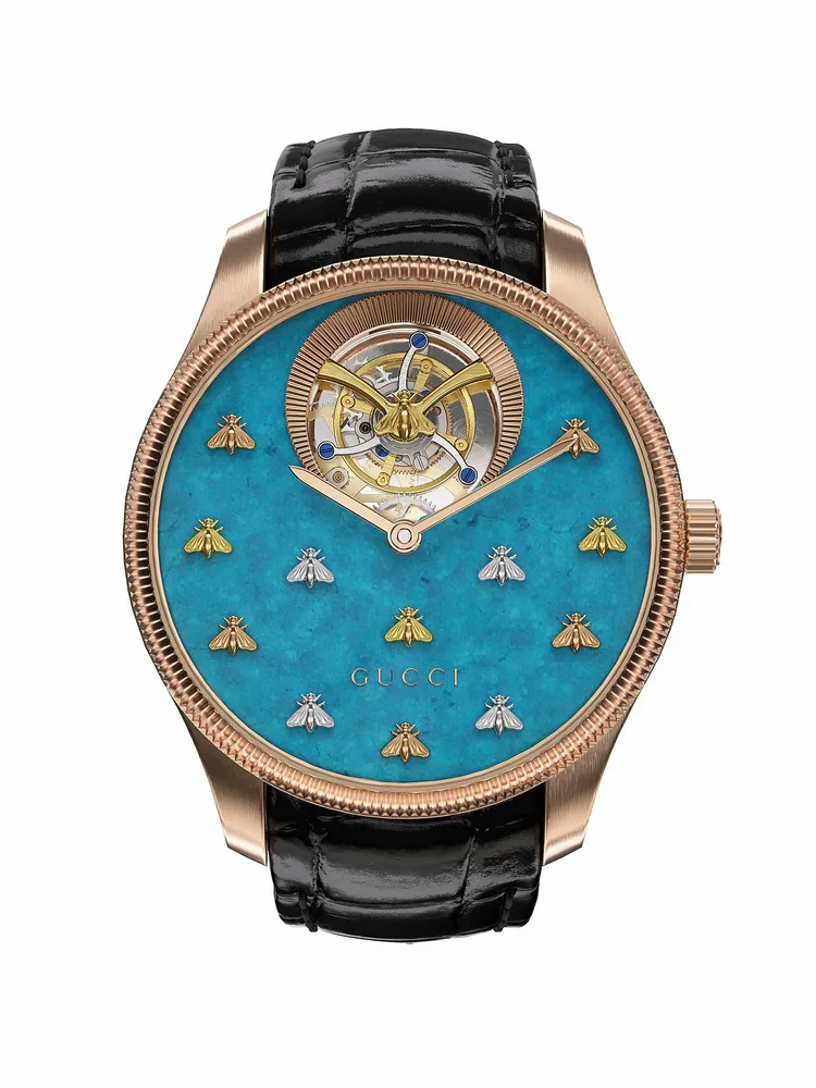 G-Timeless Dancing Bees 18K玫瑰金陀飛輪腕錶藍色綠松石面盤款，330萬元。品牌提供