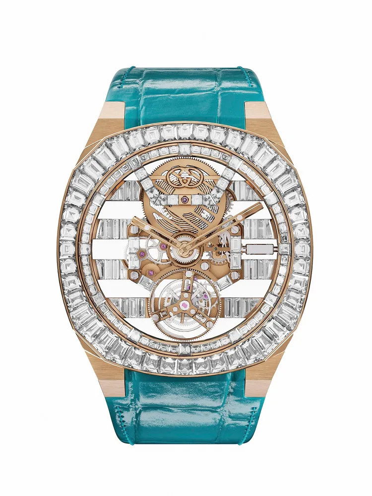 GUCCI 25H玫瑰金鑲鑽腕錶，1170萬元。品牌提供