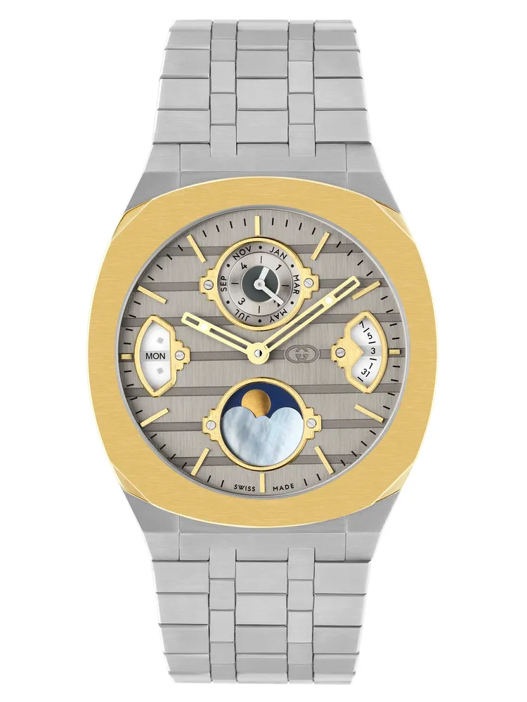 GUCCI 25H不鏽鋼萬年曆腕錶搭配18K黃金錶圈，128萬1100元。品牌提供