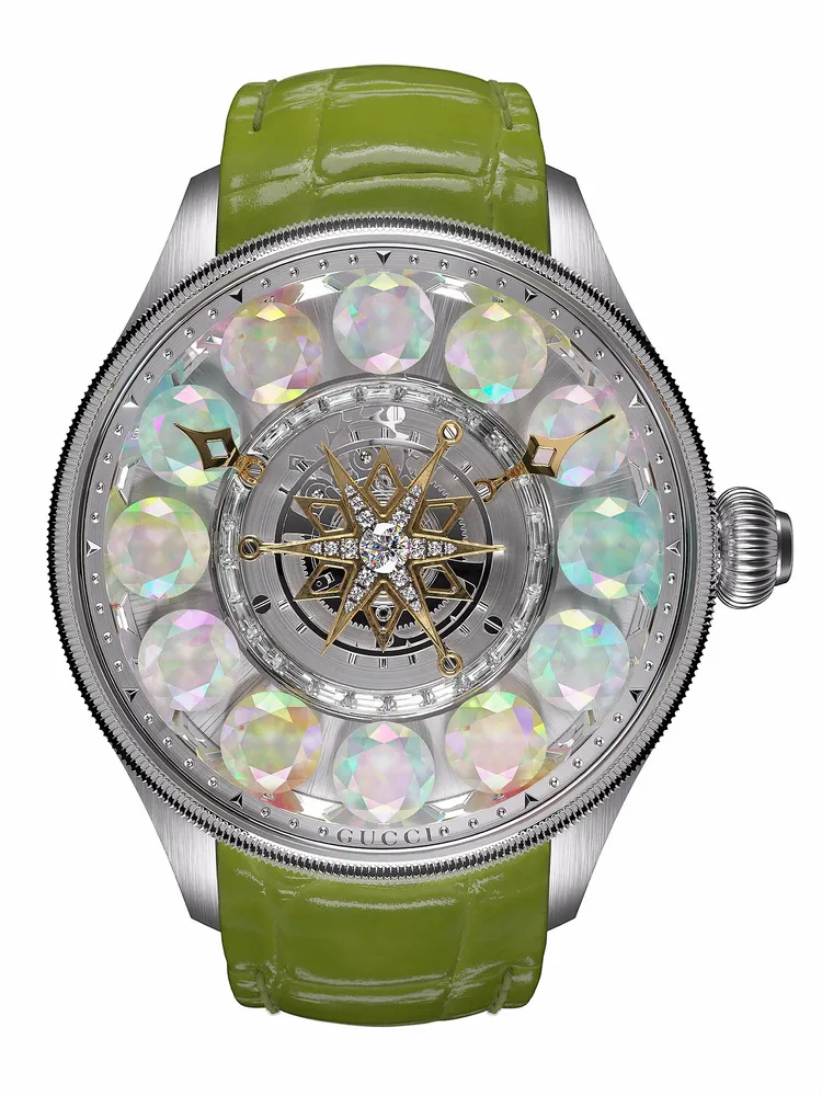 G-Timeless Planetarium中置飛行陀飛輪18K白金鑲蛋白石腕錶，798萬元。品牌提供