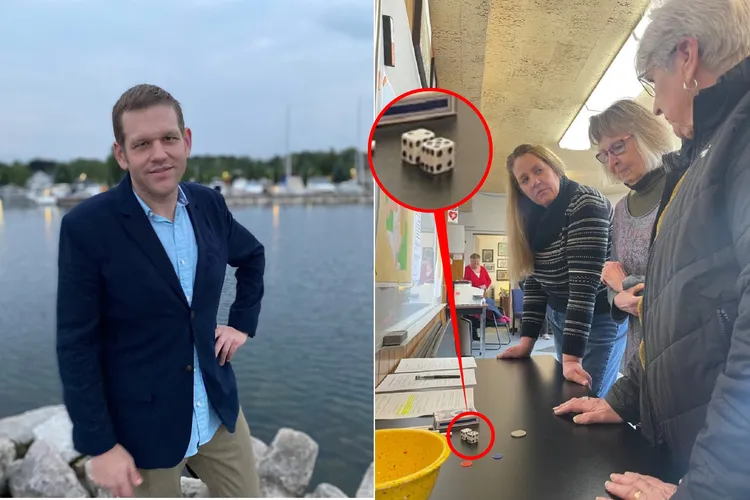 村務選委擲骰子（右），決定貝爾（左）勝選。翻攝貝爾臉書