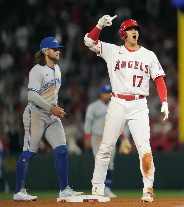 大谷翔平8局敲出2壘安打。美聯社