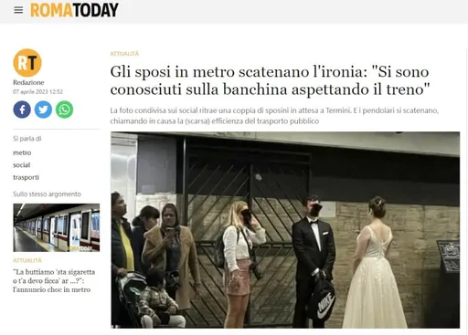 新人羅馬地鐵拍婚紗引熱議 網諷等車等到另一半