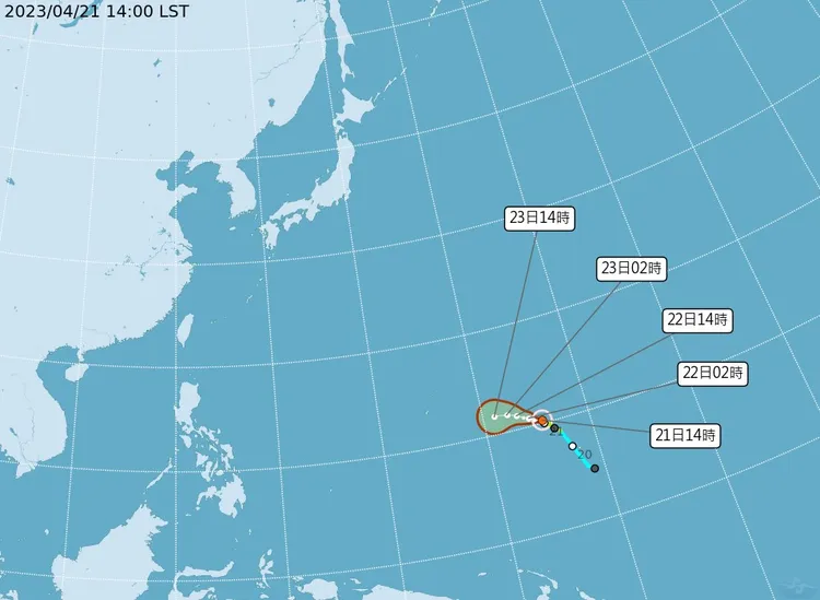 珊瑚明14時中心位置，預測在鵝鑾鼻東南東方3650公里海面上。氣象局提供