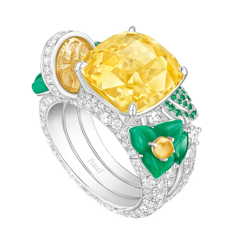 Lemon Fizz 18K白金黃色剛玉雞尾酒戒指，可拆卸為單主石戒指佩戴，680萬元。品牌提供