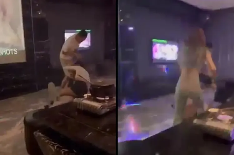 陳女拿起桌上火鍋（左），朝孫女頭上淋滾燙的熱湯，現場冒起白煙，孫女則發出慘叫（右）。翻攝爆廢公社