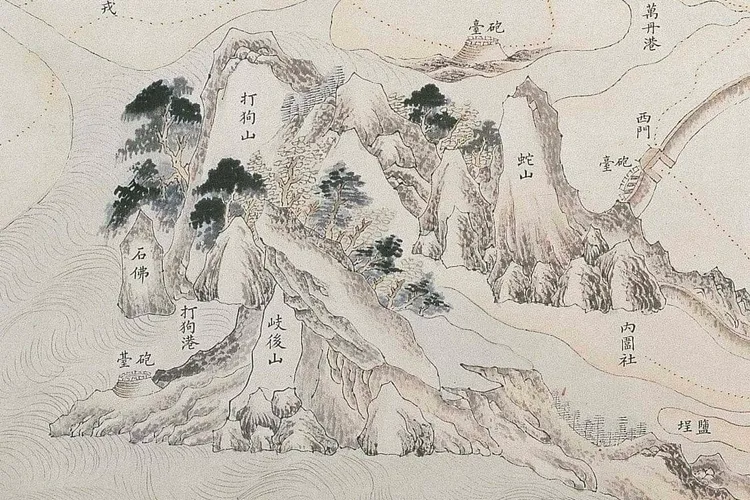 1720年代《臺灣圖附澎湖群島圖》中的打狗山 。資料來源：國立故宮博物院