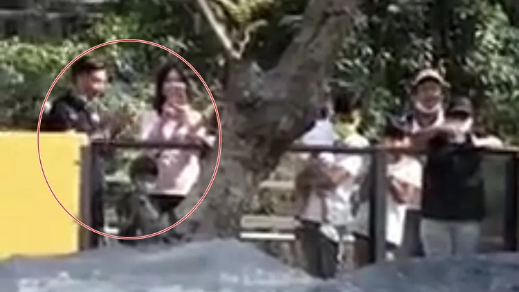 壽山動物園裡有小男孩丟擲食物餵黑猩猩，一旁媽媽以手機錄影，爸爸則是在拍手。翻攝臉書爆料公社