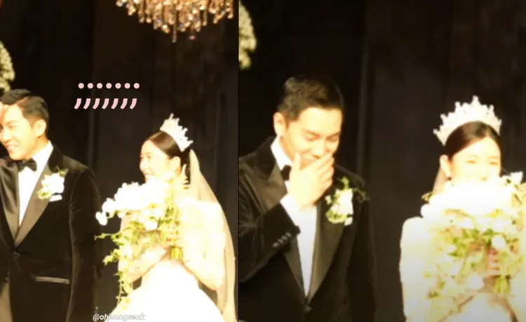 李昇基尷尬作勢擦汗，李多寅則害羞到拿著捧花擋臉。翻攝ohjoongseok YouTube