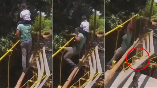 媽媽腳一滑「肩上兒子甩落橋」 勇衝獨木橋遇劫影片瘋傳