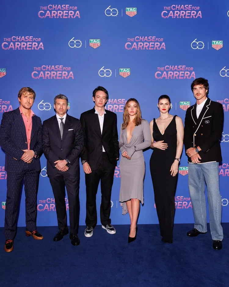 包括泰格豪雅執行長Frédéric Arnault（左3）、澳洲男星Jacob Elordi（右1）及美國男星派屈克丹普西（左2）等大咖，都成了葛斯林「作案」的目擊證人。翻攝tagheuer IG