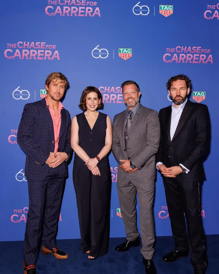 萊恩葛斯林（左起）、美國女星Vannessa Bayer、製片人David Leitch及導演Nash Edgerton，一同出席了上周於倫敦舉辦的盛大首映會。翻攝tagheuer IG