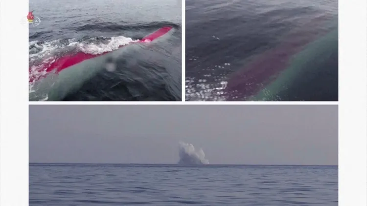 北韓官媒3月公布的水下戰略武器系統測試畫面。路透社