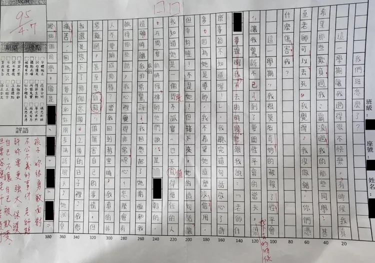 小安透過作文方式陳述遭師長霸凌。人本提供