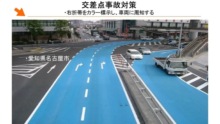 邱顯智指出，日本香川縣實施路面顏色舖面後，有效降地交通事故。邱辦提供