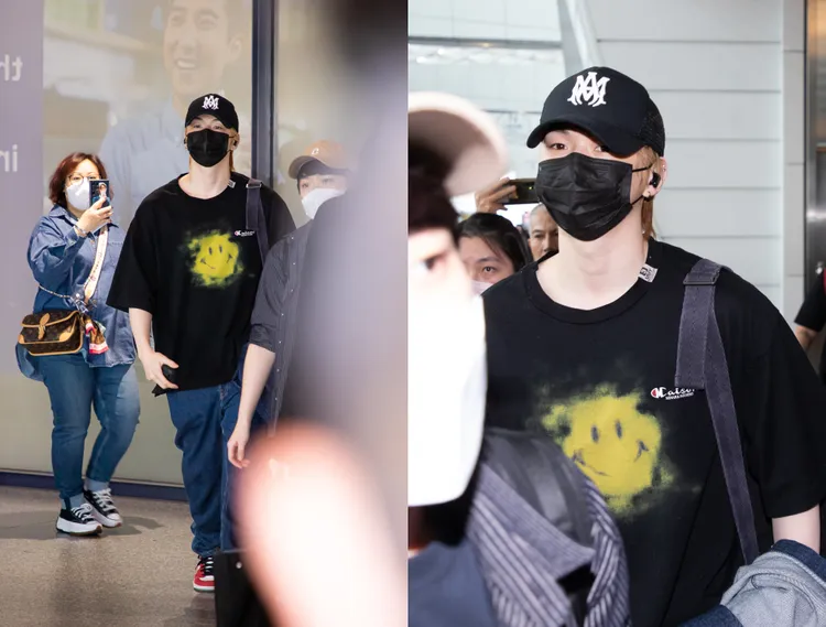 姜丹尼爾抵台後似乎覺得太熱，脫掉牛仔外套拿在手上。索尼音樂提供