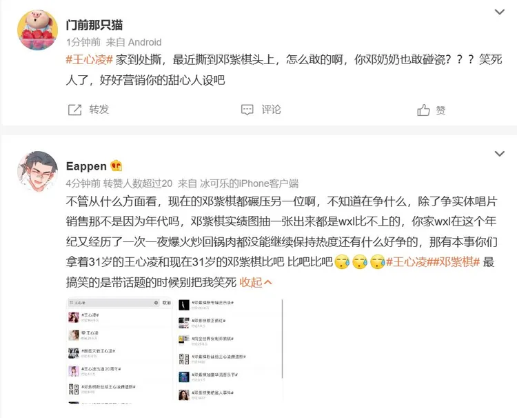 鄧紫棋粉絲護主，槓上王心凌粉絲。翻攝微博