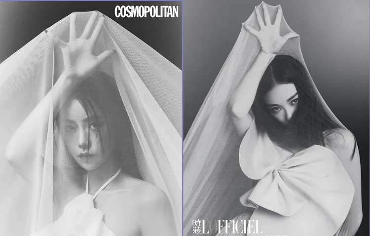 左圖：林知衍／韓國《柯夢波丹》2023年3月號。右圖：倪妮／中國《時裝L’OFFICIEL》2015年4月號。