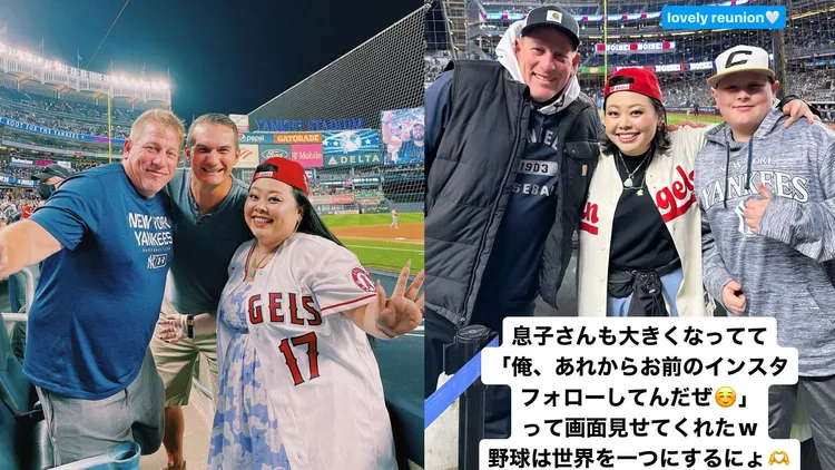 瘦了20公斤的渡邊直美（右圖中）巧遇2年前坐隔壁的洋基迷，並PO出當時的合照（左圖）對照。翻攝渡邊直美IG