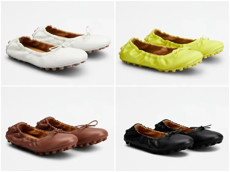 白色皮革芭蕾舞鞋NT26,900(左上)、黃色絲緞拼皮革芭蕾舞鞋NT26,900(右上)、棕色皮革芭蕾舞鞋NT26,900(左下)、黑色皮革芭蕾舞鞋NT26,900(右下)