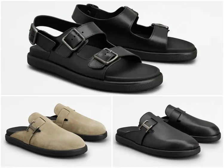 黑色皮革涼鞋NT27,100(圖上)、棕色麂皮穆勒鞋NT26,100(左下)、黑色皮革穆勒鞋NT26,100(右下)