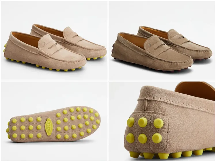 全新尺寸和色彩的豆豆鞋，捎來新樂趣。淺棕色麂皮豆豆鞋NT25,500(左上)、棕色麂皮豆豆鞋NT25,500(右上)