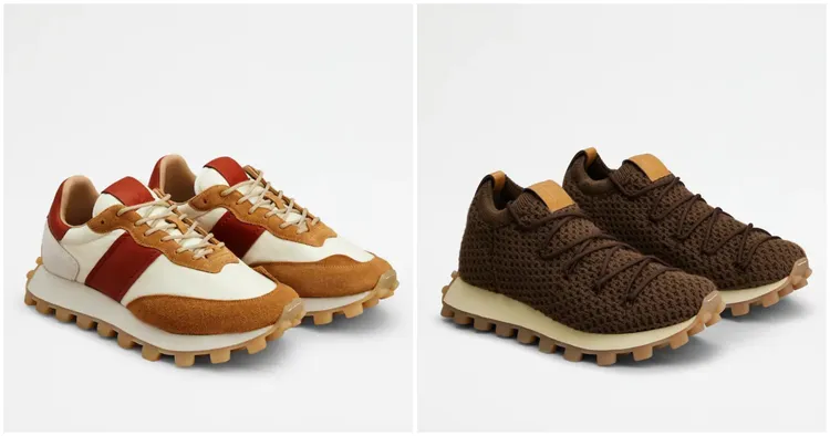 1T棕色皮革拼接休閒鞋NT28,100(圖左)、深棕針織豆豆休閒鞋NT29,100(圖右)