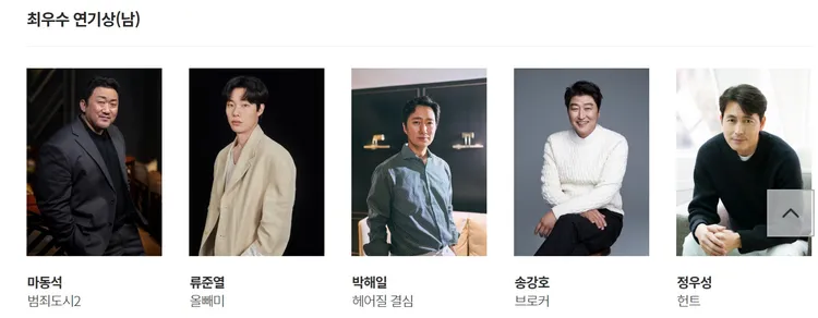 馬東石（左起）、柳俊烈、朴海日、宋康昊、鄭雨盛入圍影帝。翻攝百想藝術大賞官網