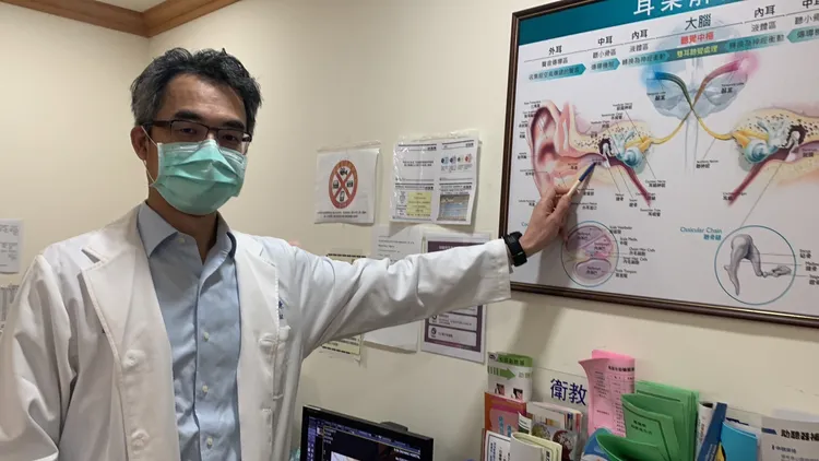 楊顓謙醫師以結構圖說明大叔棉花棒頭遺留在右耳道的位置。吳慧芬攝