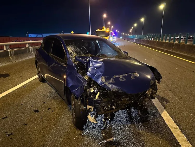 藍車閃避不及當場撞牛，車頭嚴重凹損。台南道路救援張家班提供