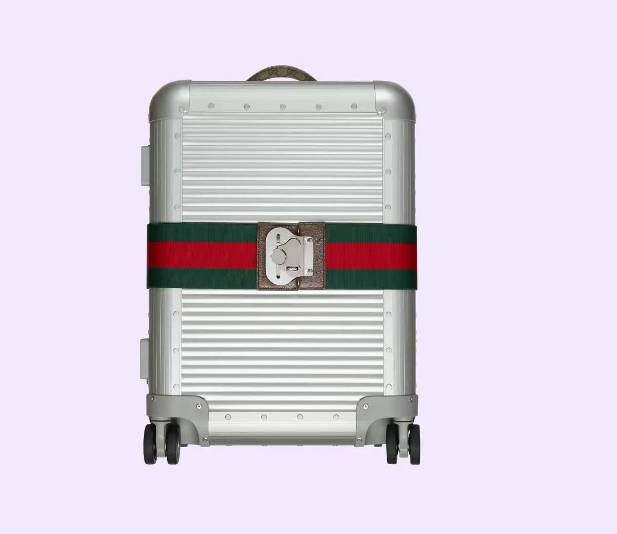 Gucci Valigeria銀色GG提把登機箱附有綠紅綠WEB織帶，11萬5200元。品牌提供