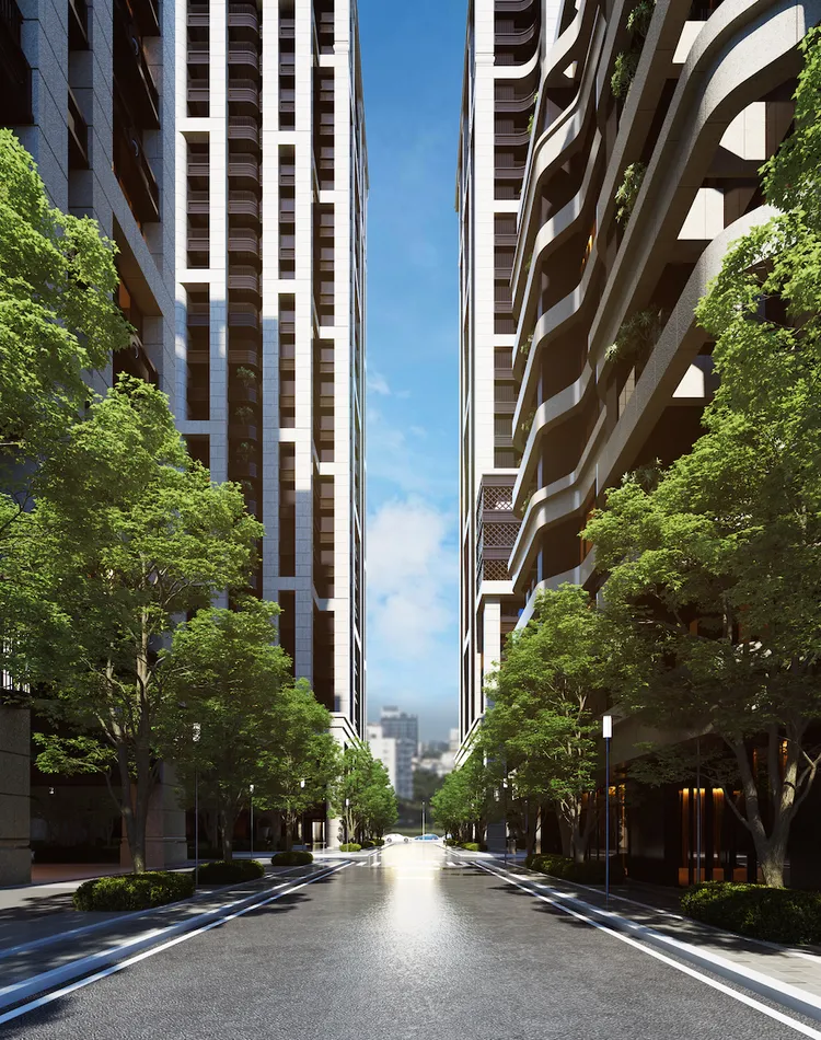 「宏國大道城」四棟之間皆有綠帶林蔭步道，棟距相當舒適。甲桂林提供