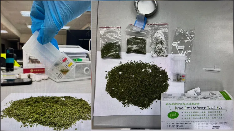 警方利用「毒品藥物初篩檢測訛劑套組」，驗出大麻陽性反應。警方提供