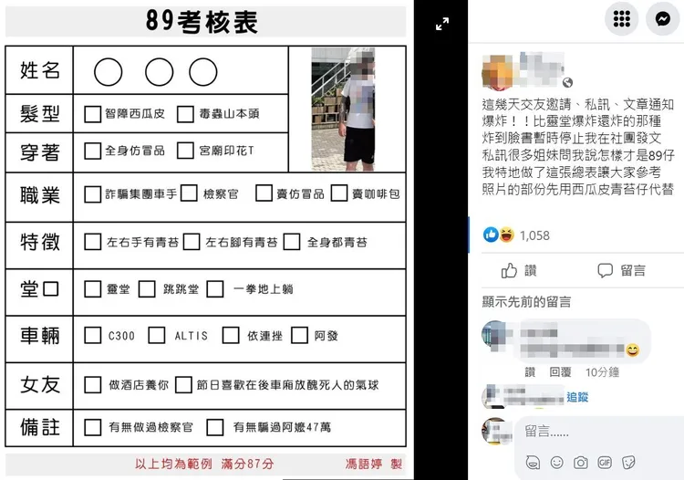 女網友還自行制表列出89特徵。翻攝自臉書