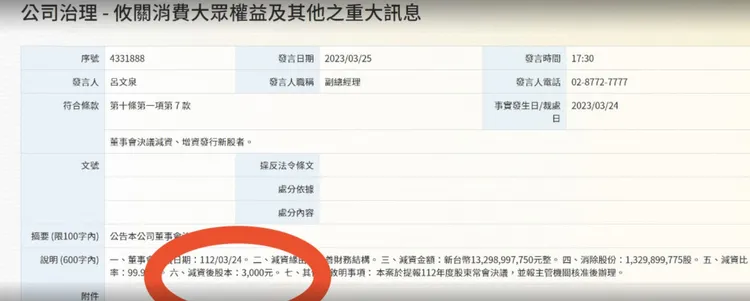 新安東京海上產物保險3月25日公告減資後股本只剩3000元。翻攝保險業公開資訊觀測站