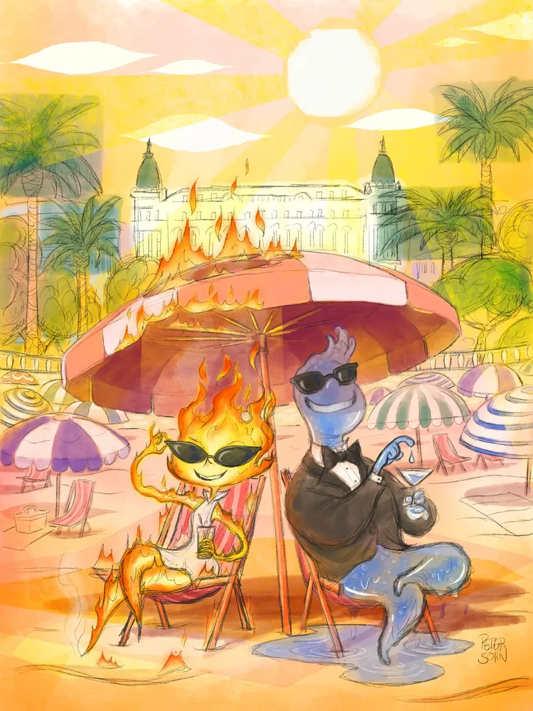 《元素方城市》導演彼得孫為呼應獲選坎城影展閉幕片創作有度假風情的畫作。迪士尼提供