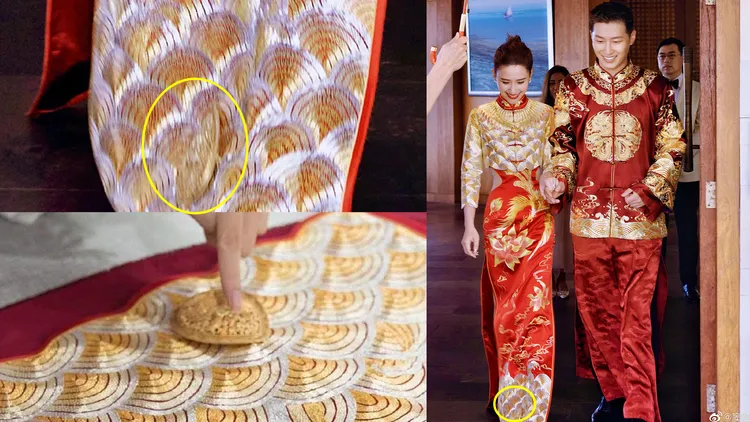 何超蓮旗袍裙襬特別繡上傳家寶、金霞帔墜。翻攝品牌微博