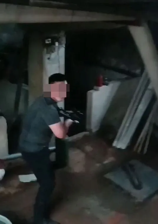 男子持麻醉槍遭倒地的狒狒開槍。翻攝畫面