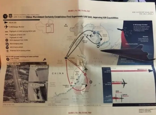 美軍外洩機密文件顯示，中國的「無偵-8」（WZ-8）超音速高空偵察無人機將不屬於安徽省六安機場。翻攝twitter The Washington Post