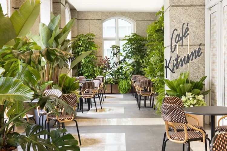 Café Kitsuné綠意盎然的戶外座位區，有讓人置身歐洲的錯覺。品牌提供
