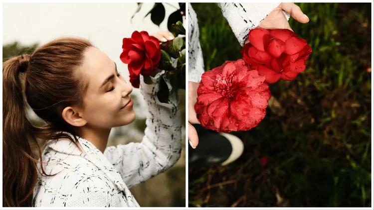 昆凌欣賞農場中的山茶花。品牌提供