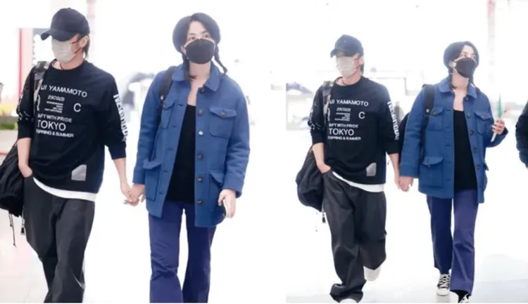 王菲（右）合謝霆鋒上月初在北京機場高調牽手。翻攝微博