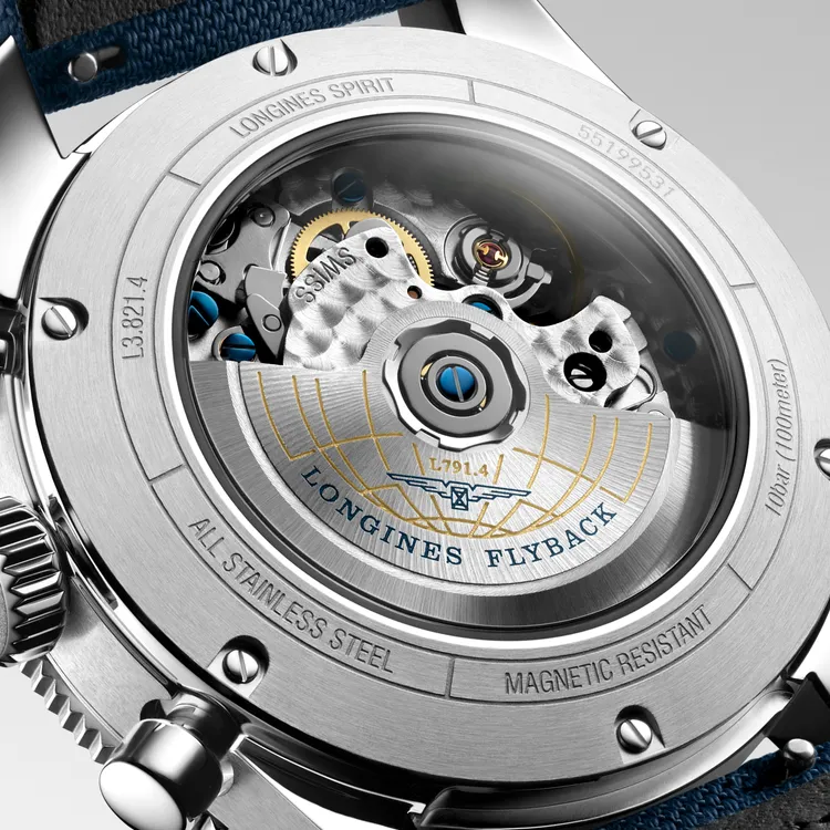 Spirit Flyback先行者飛返計時碼錶破天荒於系列下首次採用透明底蓋設計，展現其搭載的全新L.791.4型機芯。品牌提供