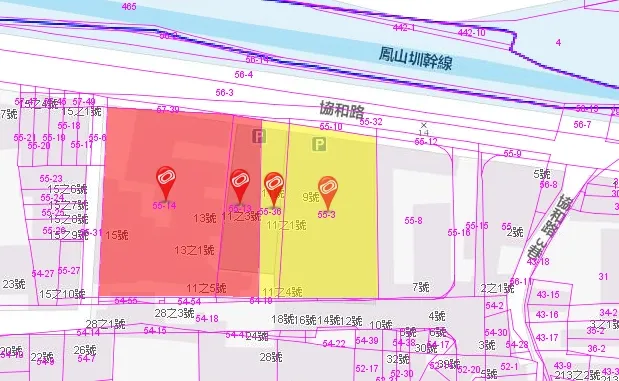 天玉集團購入土地屬紅色，旁邊黃色為陳姓地主。