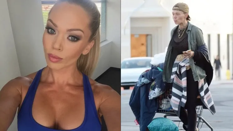 蘿妮曾是炙手可熱的金髮爆乳名模（左，翻攝臉書Loni Willison）。日前被目擊在街頭的垃圾桶翻找食物（右，翻攝twitter/Luis/X17online.com）。