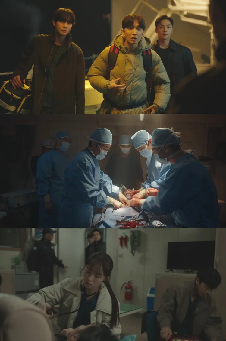 《浪漫醫生金師傅3》首集出現遭受槍傷的脫北者病患，安孝燮、韓石圭、李聖經等石垣醫院醫護搭直升機登艇搶救。翻攝Disney+