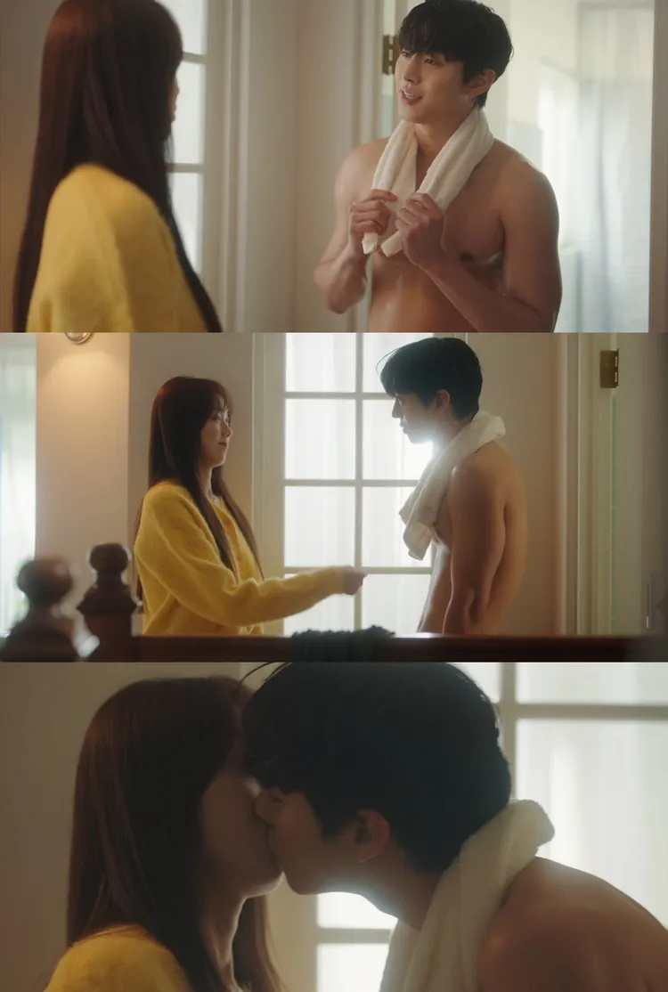 「恩宇CP」交往3年甜蜜，安孝燮（上圖右）首集大秀胸肌，還襲吻李聖經。翻攝Disney+